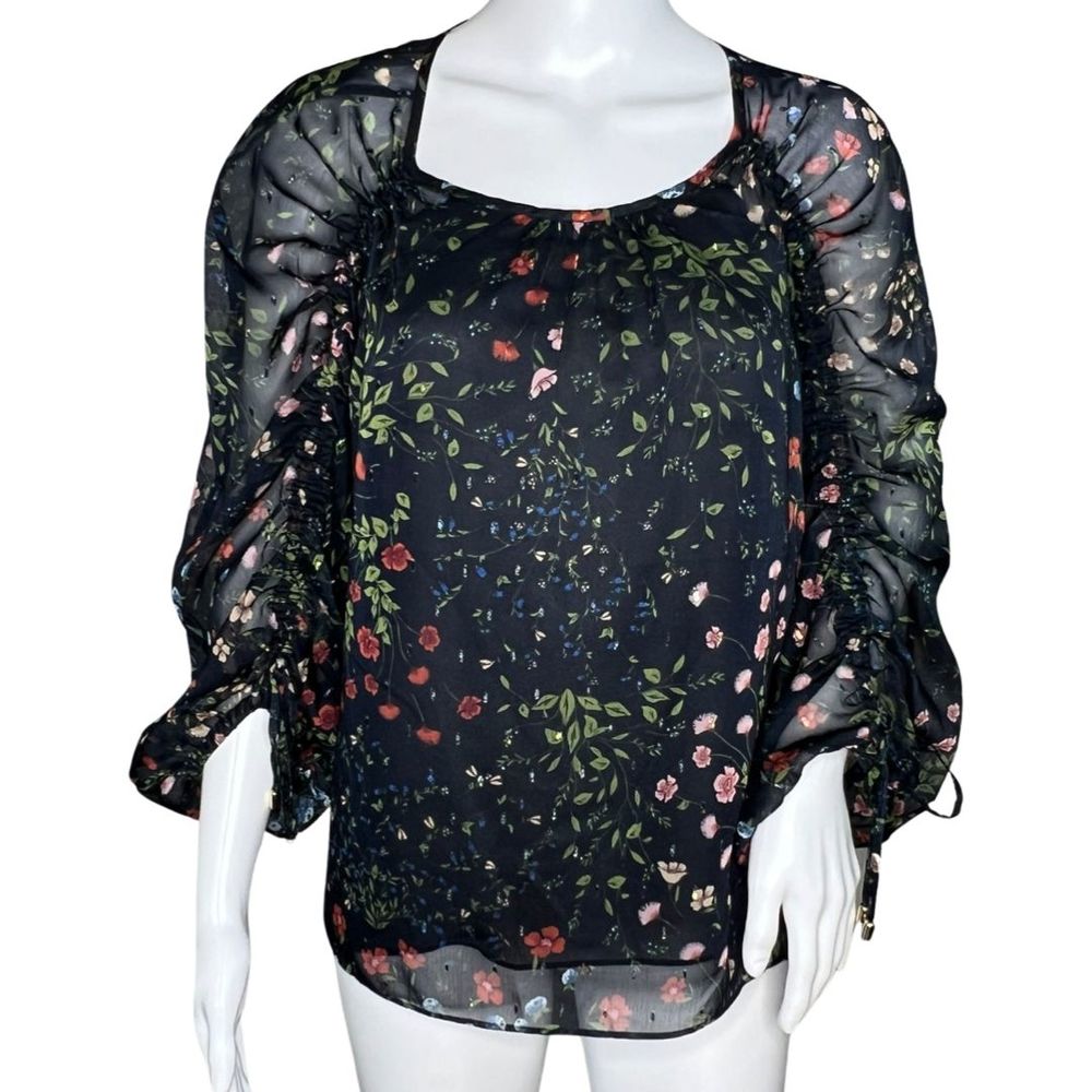 Joie Shirt Womens Medium Black Pink Floral Cinched Square Neck Chiffon Casual